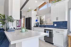 blue and white kitchen island