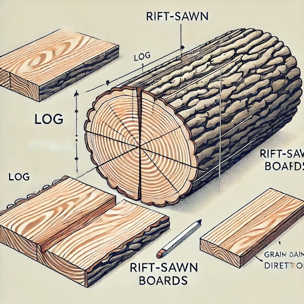 Diagram illustrating how logs are cut to achieve rift-sawn boards