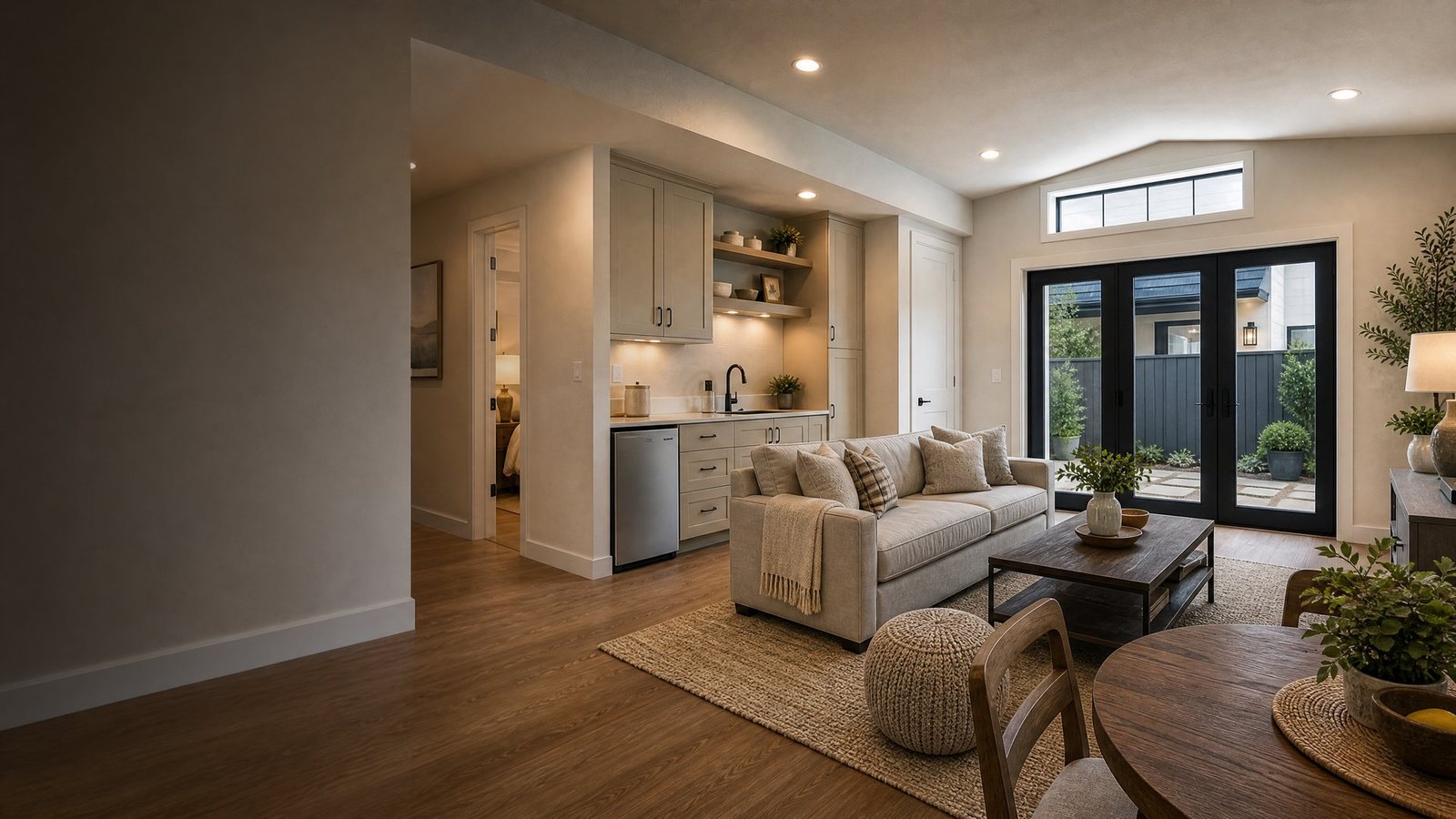 Plano garage conversion designed as a comfortable guest suite with integrated storage by Future Design & Build TX