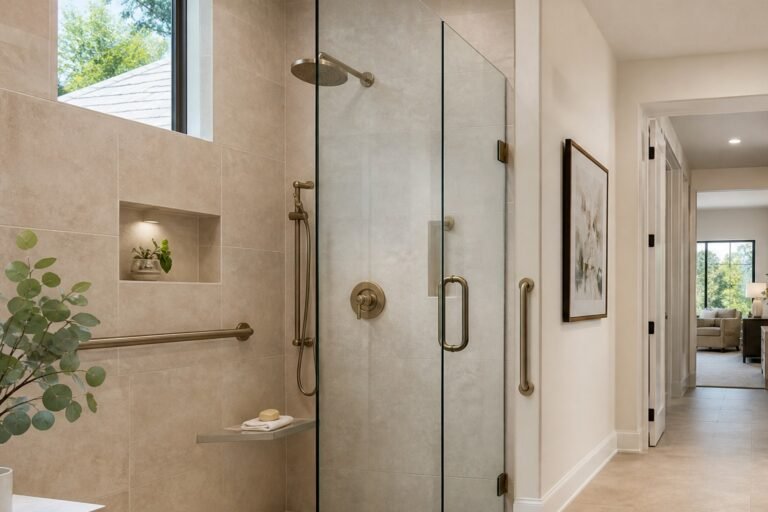 Accessible Dallas bathroom remodel with zero-threshold shower, slip-resistant tile, and warm modern finishes