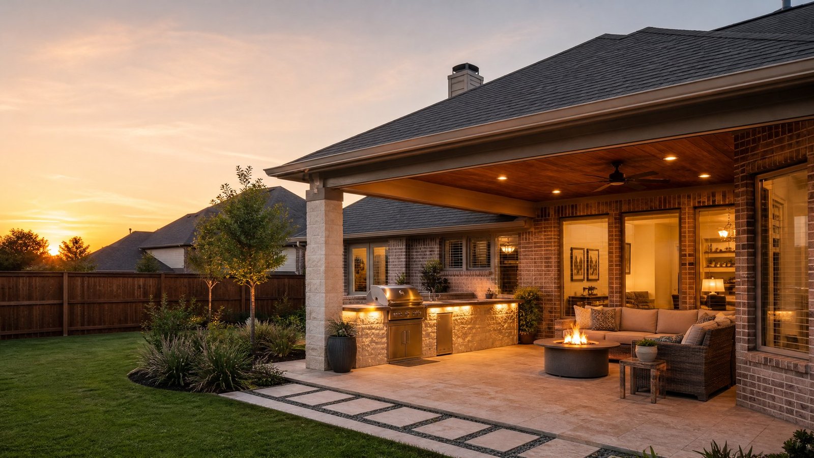 Frisco TX covered patio and outdoor kitchen with stone counters, lighting, and integrated backyard design by Future Design & Build TX