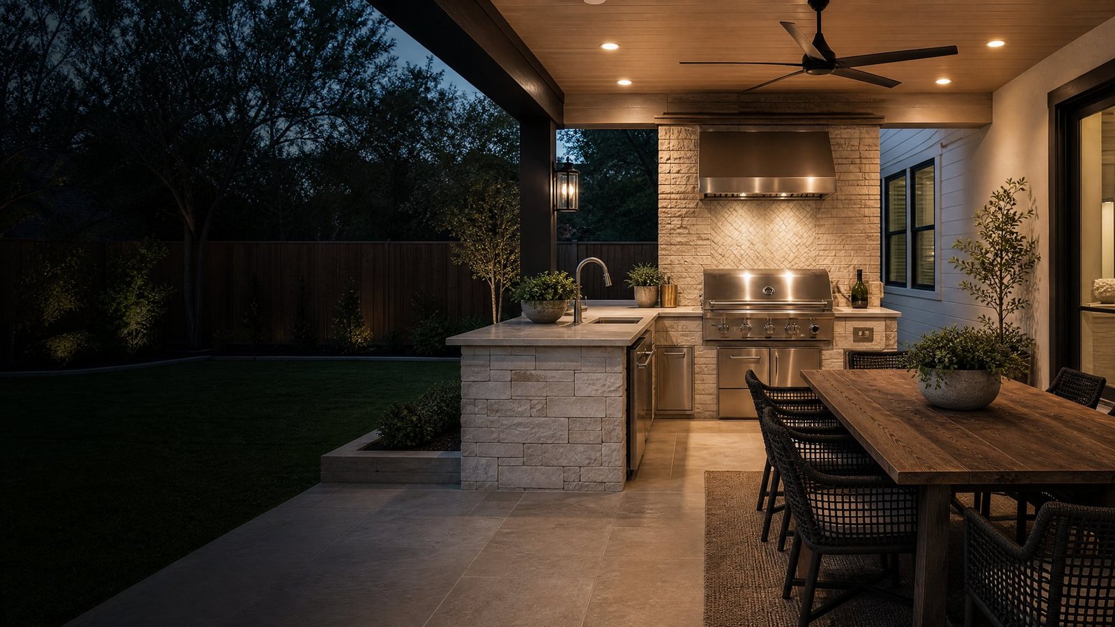 Custom Frisco outdoor kitchen with built-in grill, stone counters, and covered patio seating by Future Design & Build TX