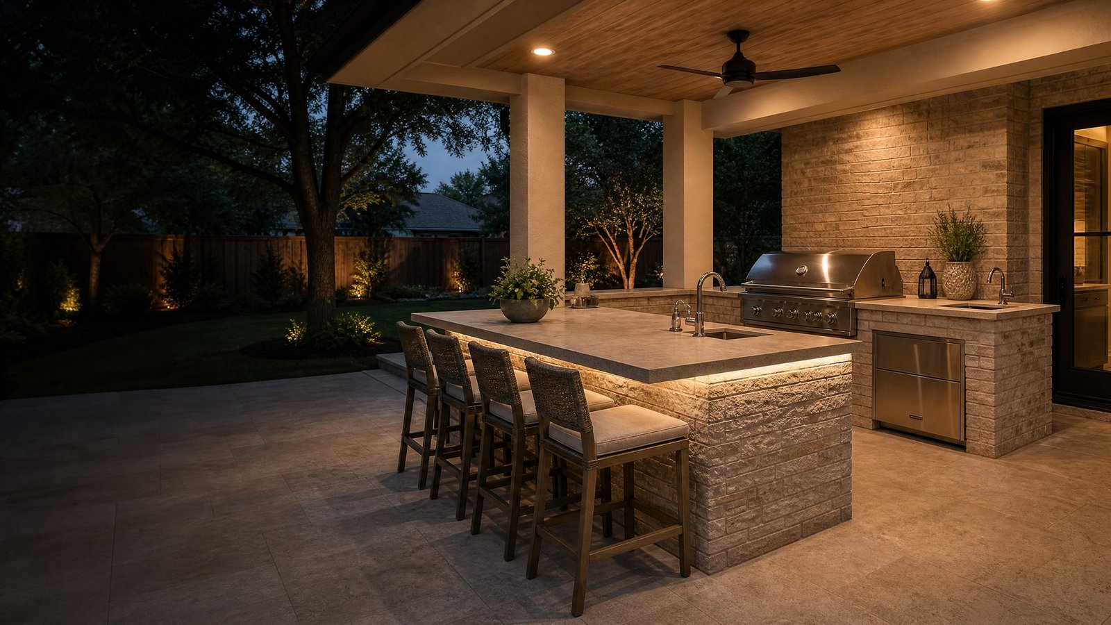 Plano outdoor kitchen with masonry island, grill, sink, and dining area by Future Design & Build TX