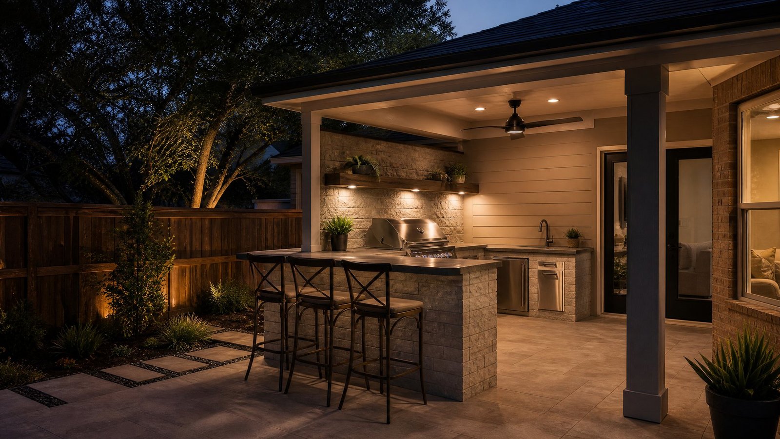 Richardson backyard outdoor kitchen with compact appliance layout and patio cover by Future Design & Build TX