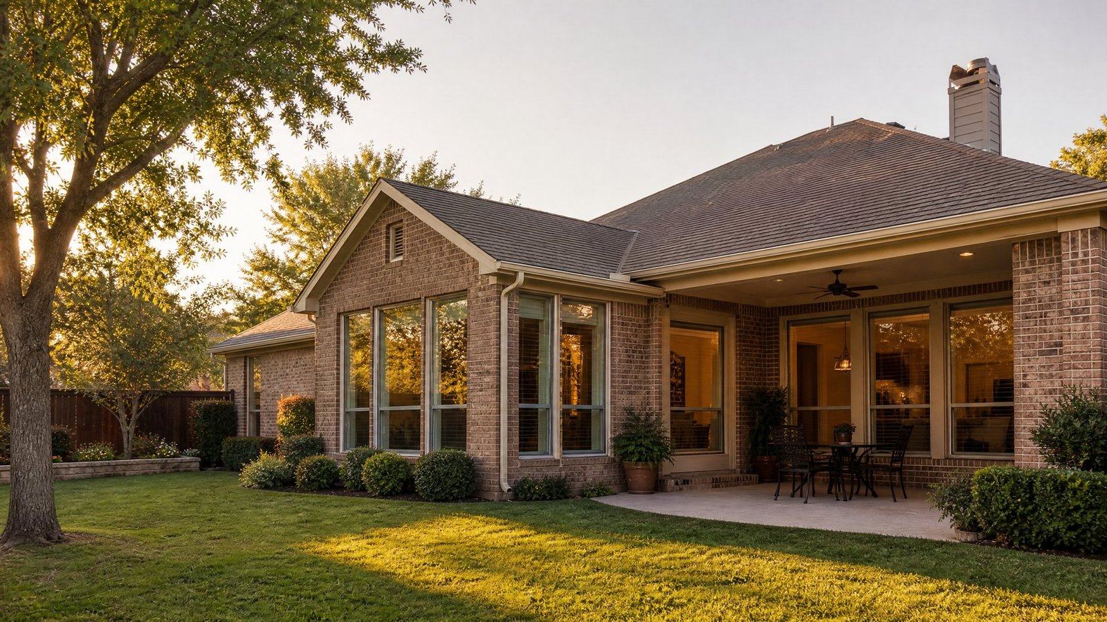 Plano TX room addition on an established brick home with matched roofline, windows, and backyard landscaping by Future Design & Build TX