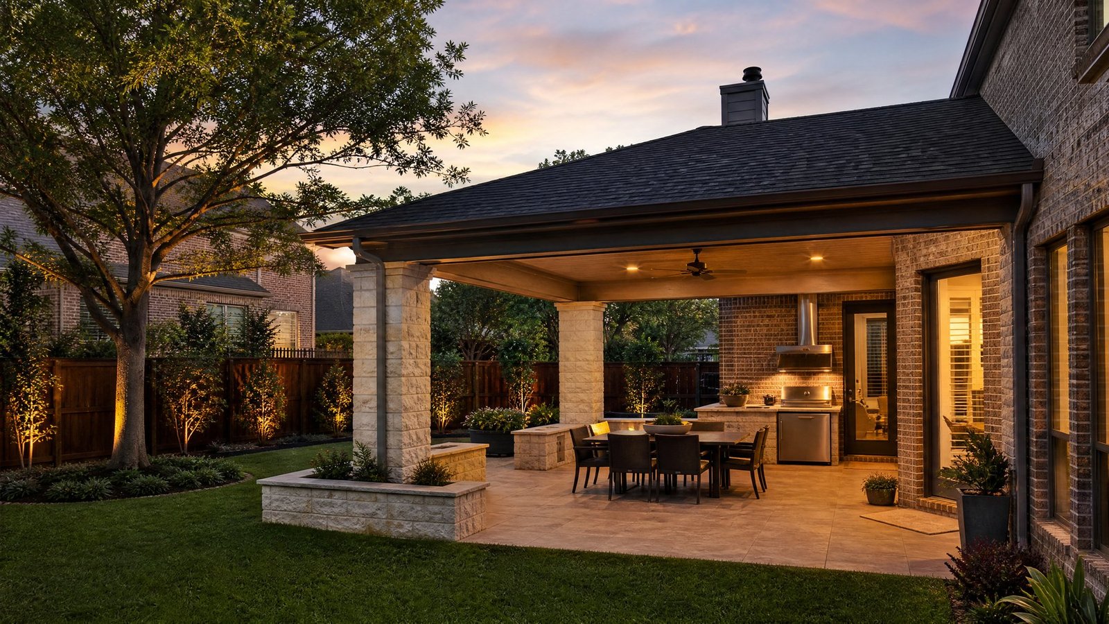 Plano TX outdoor living patio cover with stone columns, wood ceiling, lighting, outdoor kitchen, and mature backyard by Future Design & Build TX