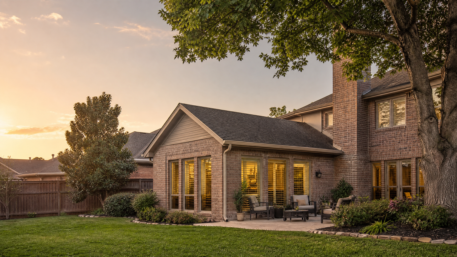 Richardson TX home addition or patio enclosure with matched brick, roofline, windows, and mature landscaping by Future Design & Build TX