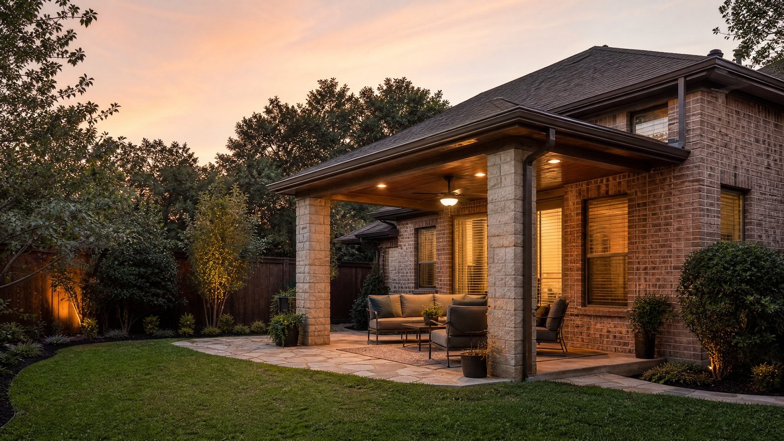 Richardson TX patio cover and outdoor living area with stone columns, wood ceiling, lighting, and mature backyard by Future Design & Build TX