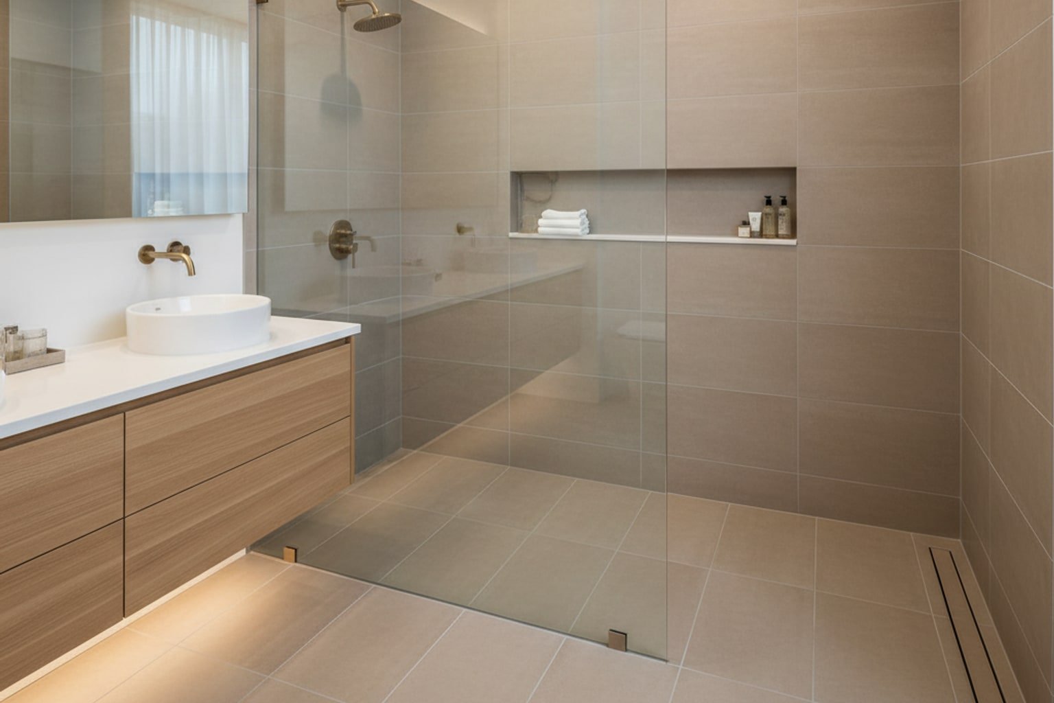 Modern Dallas bathroom with a curbless walk-in shower and frameless glass, showing the threshold area and layout for an informed remodel