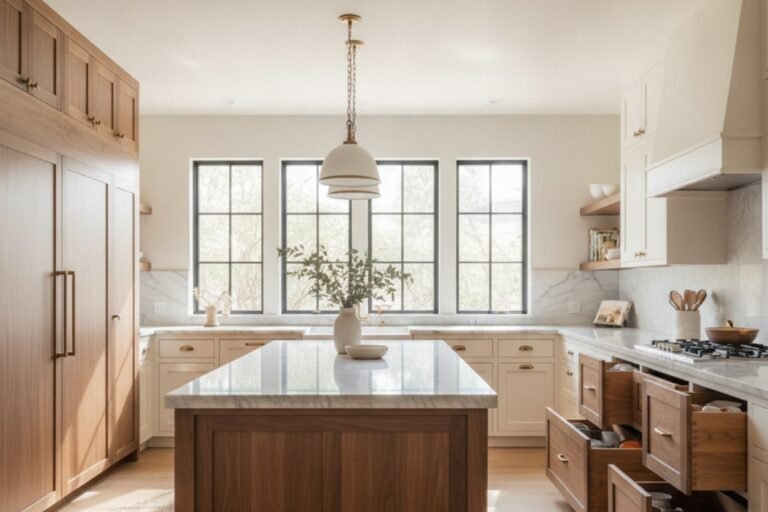 Sunlit Dallas kitchen with island, pantry wall, and varied cabinet styles to compare custom, semi‑custom, and stock options.