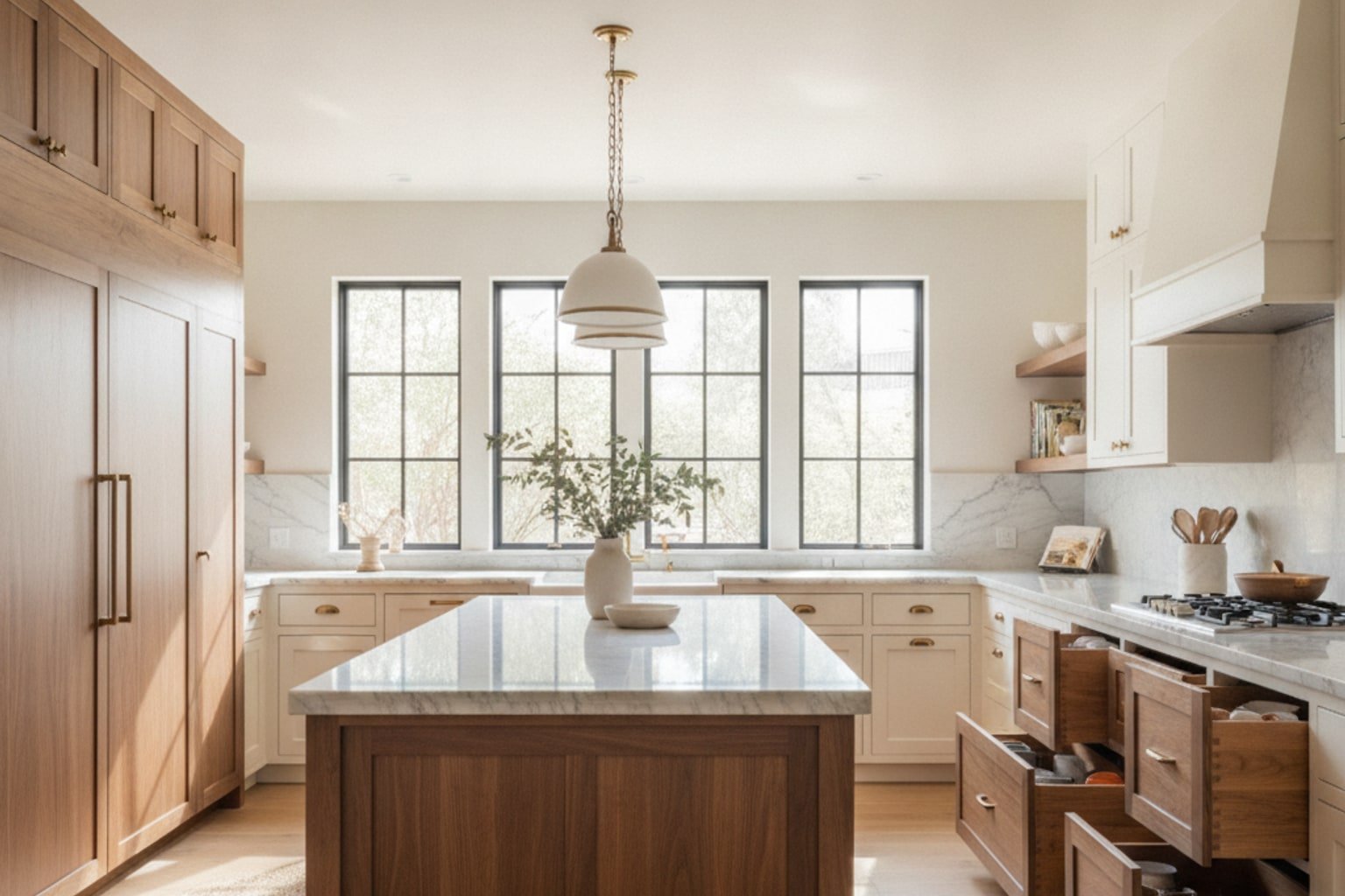 Sunlit Dallas kitchen with island, pantry wall, and varied cabinet styles to compare custom, semi‑custom, and stock options.